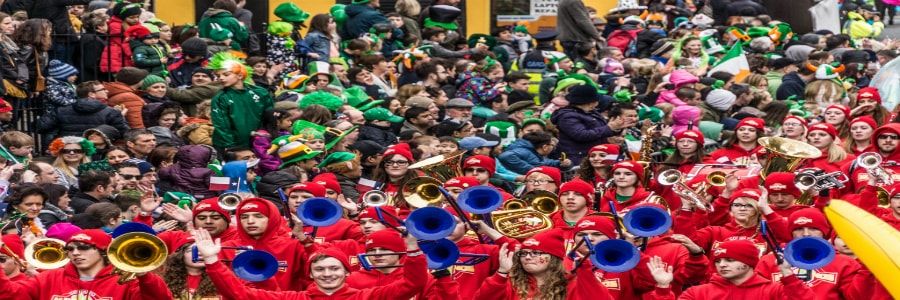 St.Patrick's Day parades are a major attraction for high school marching bands on marching band concert tours of Ireland 